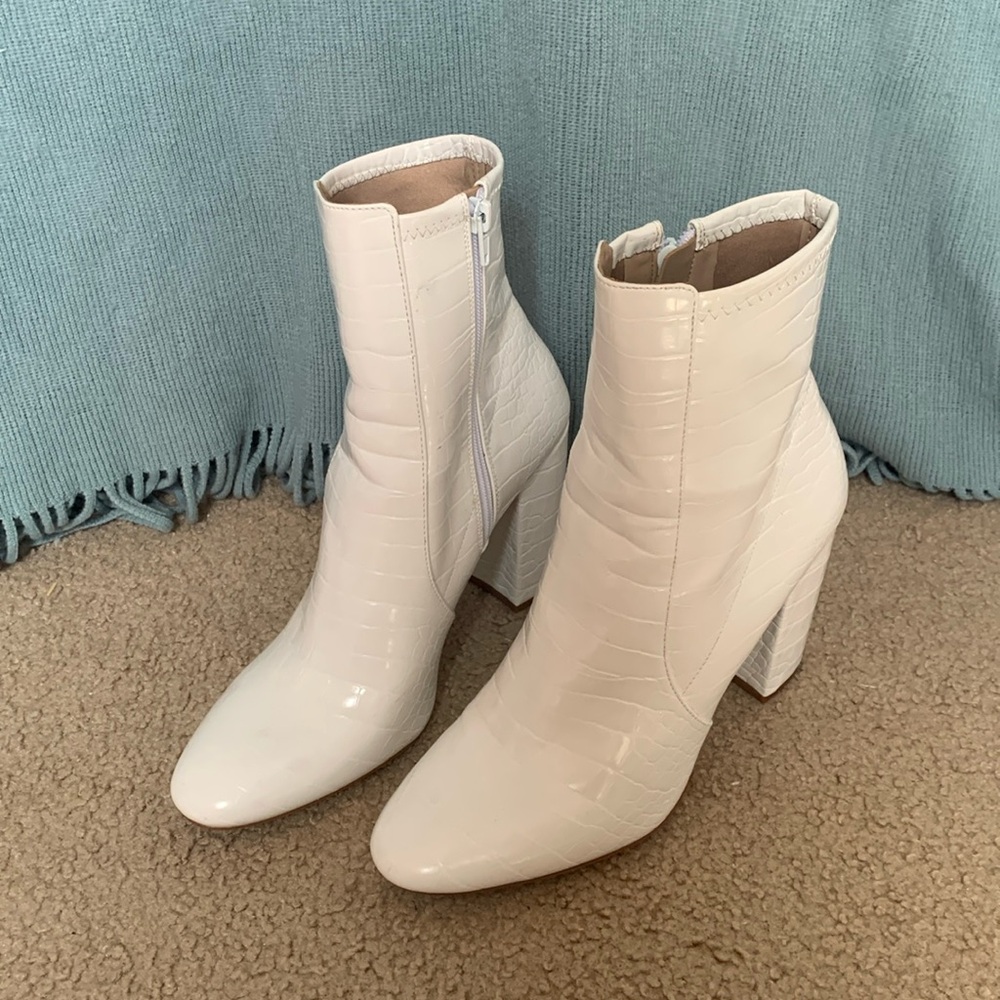 Aldo white crocodile print boots (about 3-3.5 in heel)